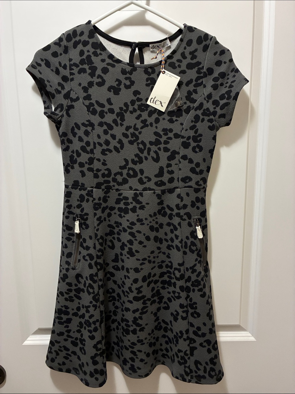 Dex Girls Large Gray and Black Leopard Print Fit-and-Flare Dress Grey NEW
